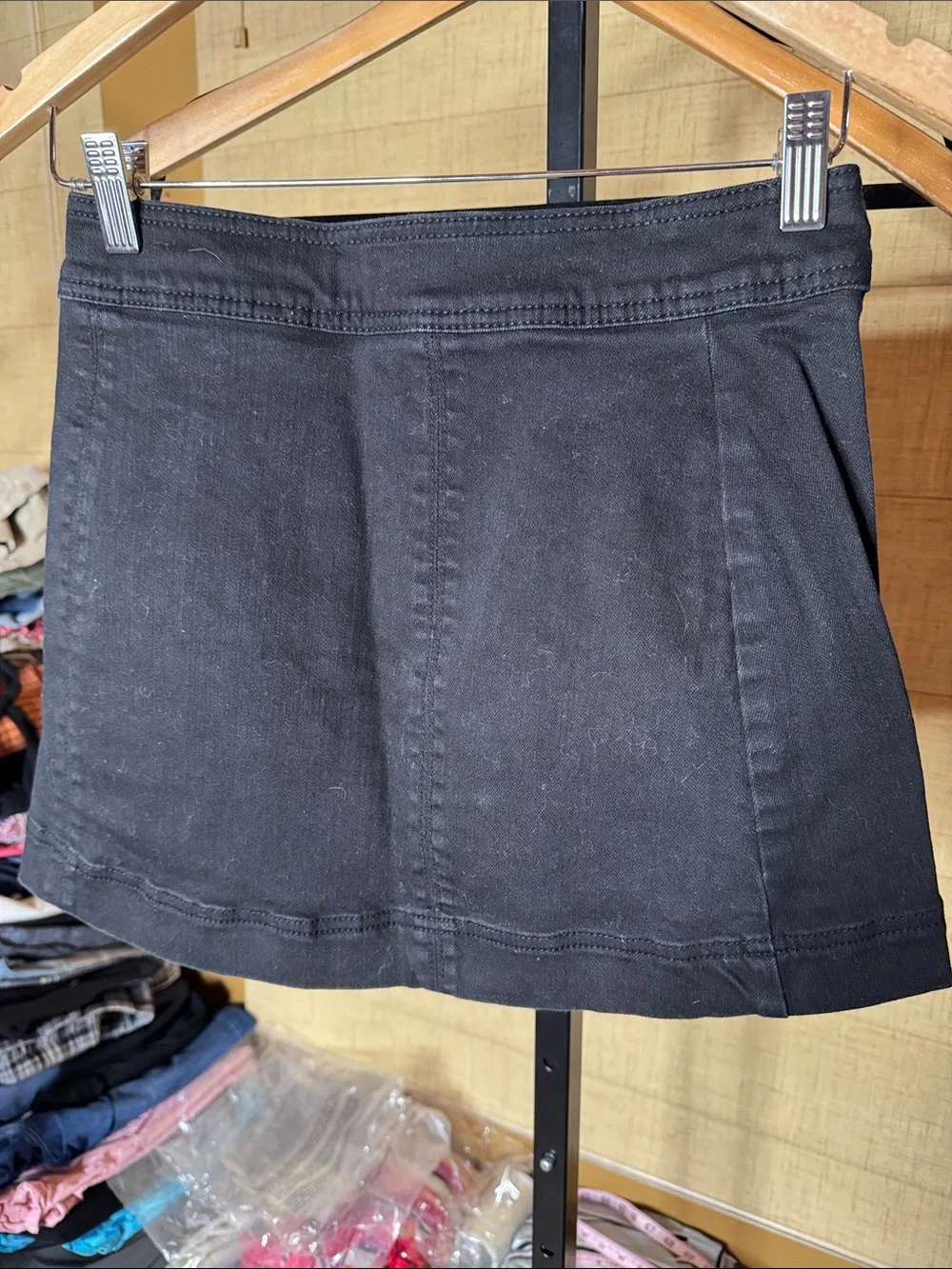 Free People Black Denim Snap Front Mini Skirt Stretch Size 2
